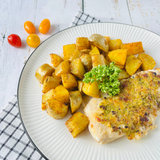 Куриные отбивные под сырно-горчичной корочкой с печёным картофелем