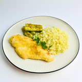 Хрустящая курица кацу с рисом бириани и битыми огурцами